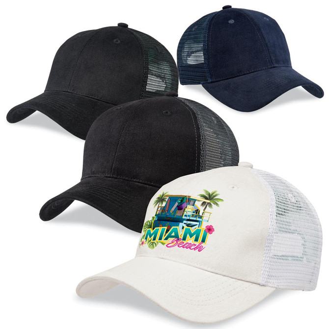 Premium soft mesh caps in black, navy, and white with a graphic design and logo on the front of the white cap.