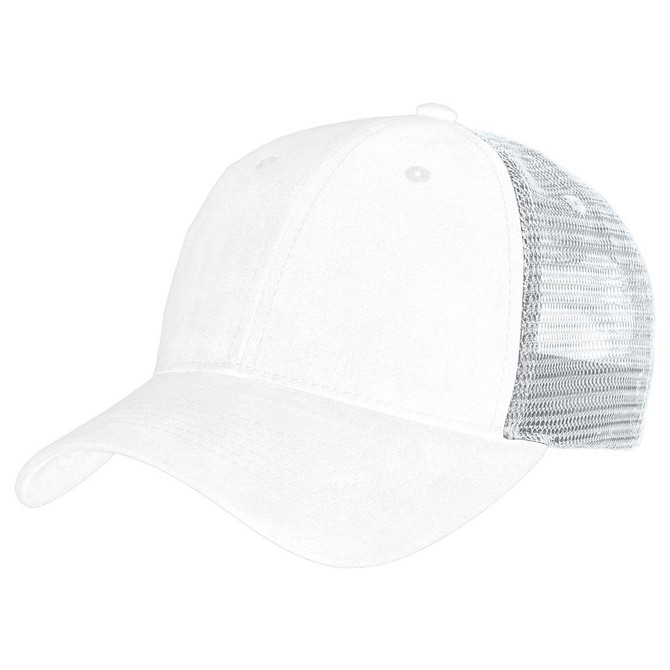 A white cap with a soft mesh back, featuring a classic trucker design and a logo on the front.