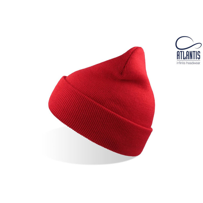 A red beanie with a pointed top, featuring a ribbed texture and a logo.