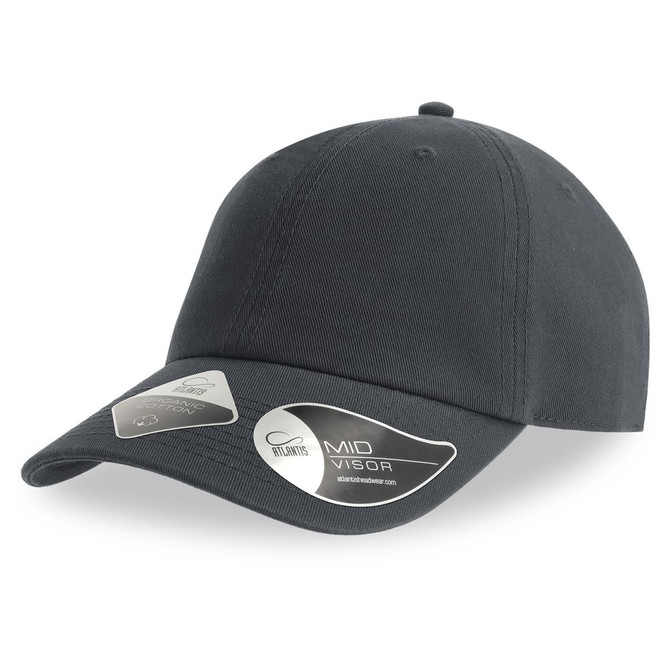 A black organic dad hat with a mid visor and a logo on the side.