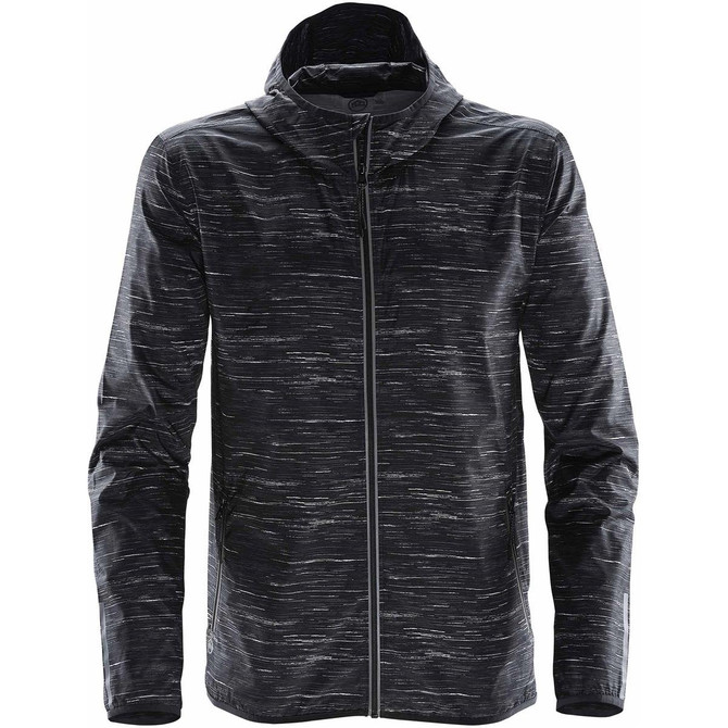 A lightweight black rain jacket with a textured pattern and a hood, featuring a logo on the front.