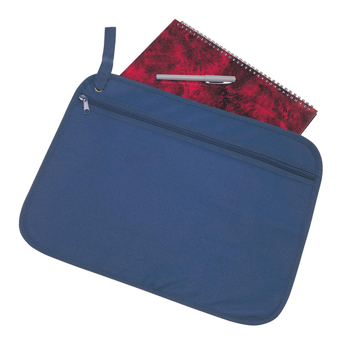 A navy blue satchel featuring a zippered pocket, with a spiral notebook and pen on top. Equipped with a carry handle.