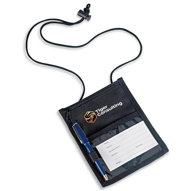 A black neck wallet with a pen and a clear pocket for a badge, featuring a logo on the front.