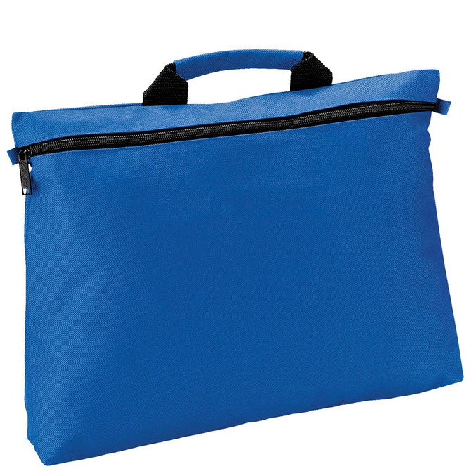 A blue satchel with a black zip and handles, featuring branding on the front.