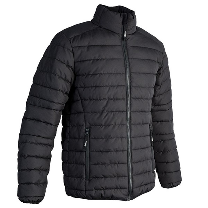A black unisex puffer jacket with a zip-up front and side pockets, featuring a logo on the chest.