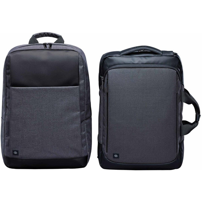 A grey laptop bag with a sleek design, featuring two compartments and a branding logo.