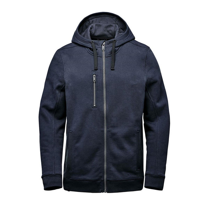 A navy men's fleece hoody featuring a zip front, two side pockets, and an adjustable hood. It includes branding details.