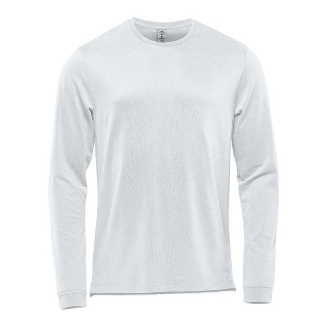 A light blue long sleeve tee with a round neck, featuring a subtle texture and a logo on the front.