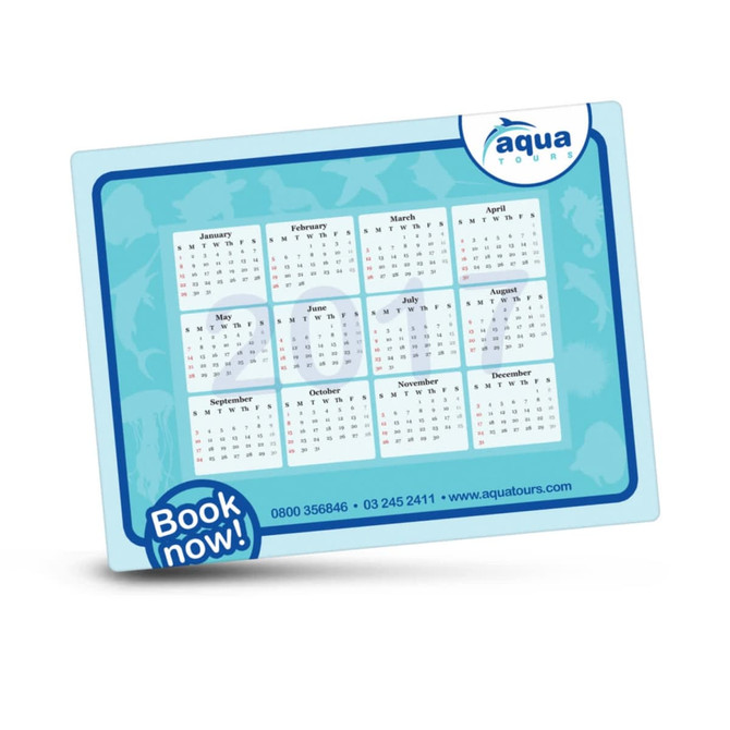 A magnetic photo frame in blue, featuring a monthly calendar layout and a logo in the corner.