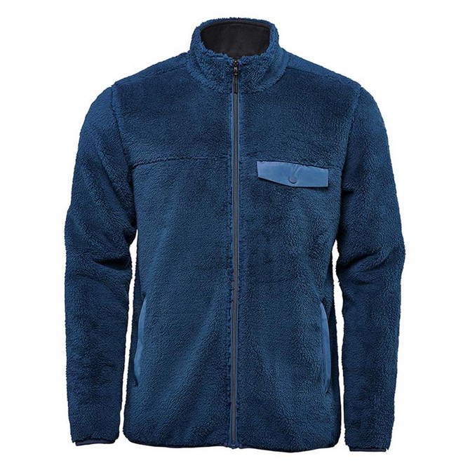 A navy blue men's polar fleece jacket with a zip front and a chest pocket, featuring a logo.