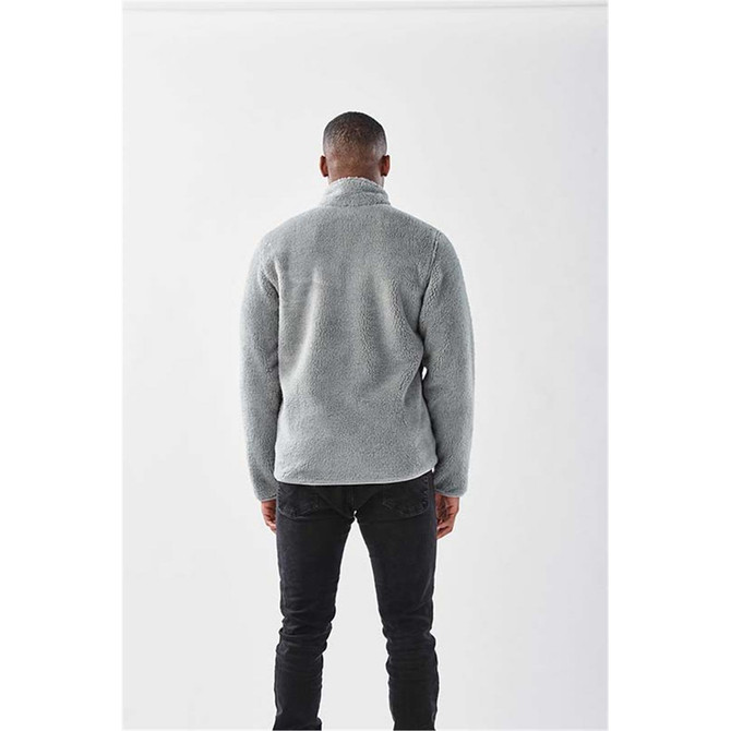 A men's grey Bergen Sherpa fleece jacket, viewed from the back, featuring a logo on the upper back.