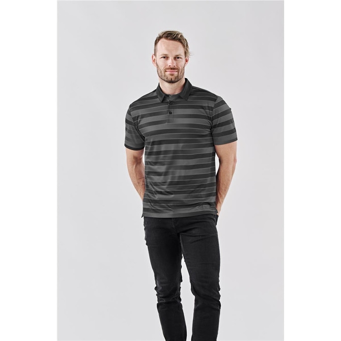 A man wearing a striped black and grey Men's Sienna Polo shirt with a collar and three buttons, featuring a logo.