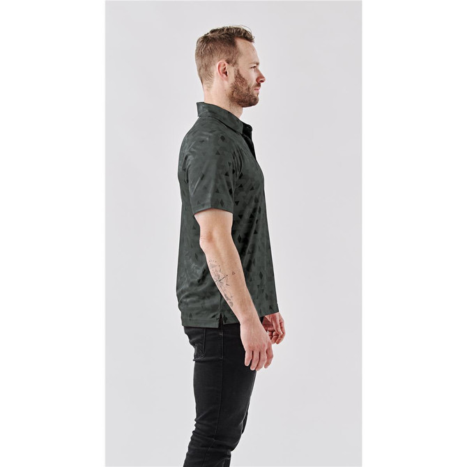 A men's polo shirt in a dark green colour featuring a subtle pattern, shown from the side. The shirt has a collar and short sleeves.