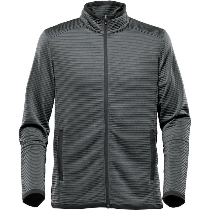 A green men's jacket with a zip front, high collar, and side pockets. It features a textured pattern and has a logo.