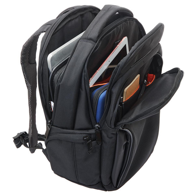 A black laptop backpack featuring multiple compartments and pockets for electronic devices and accessories.