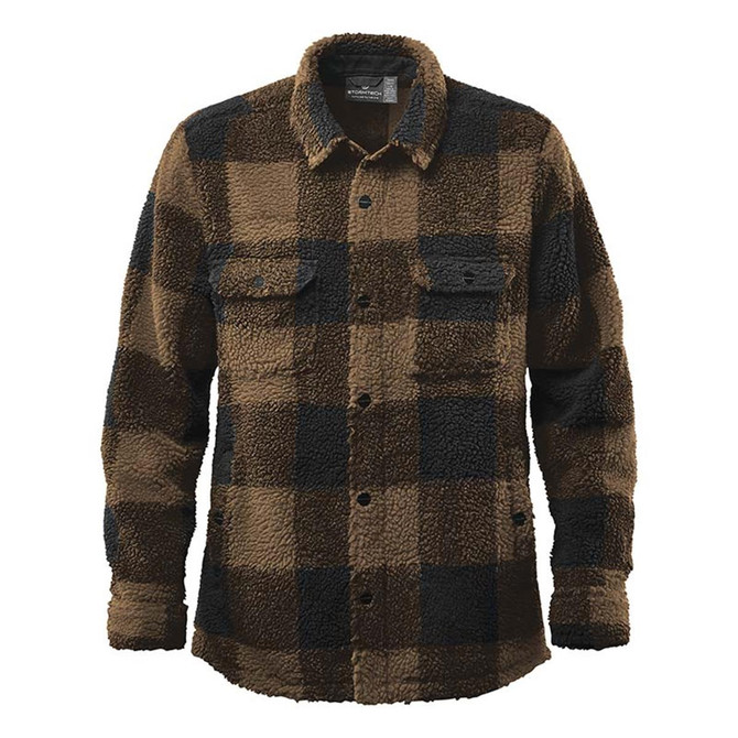 A unisex caribou fleece jacket in brown and black check pattern, featuring a button-up front and two chest pockets.