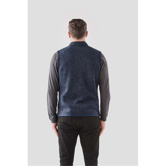 A men's full zip fleece vest in navy blue, viewed from the back, featuring a simple design and logo.