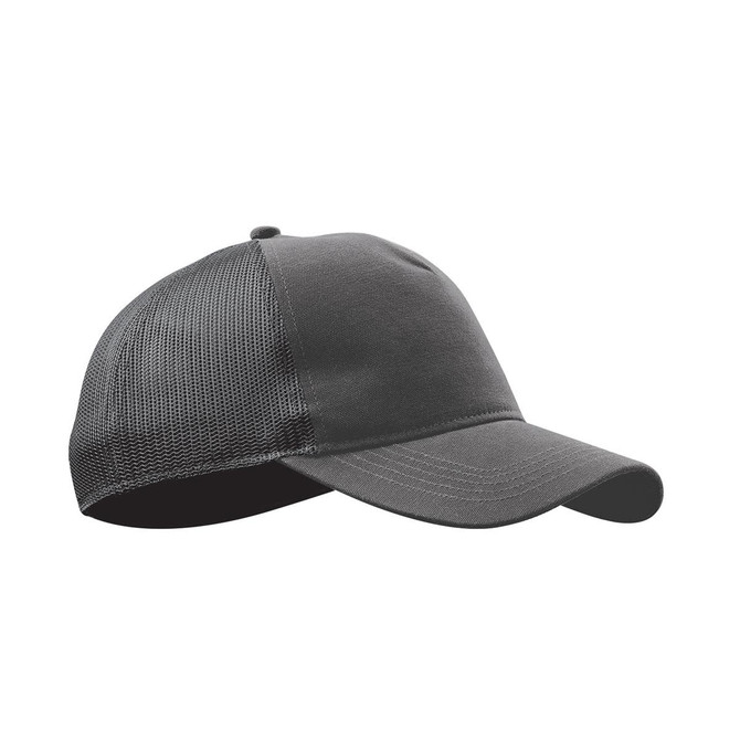 A dark grey trucker cap featuring a solid front and mesh back, with a branding logo on the side.