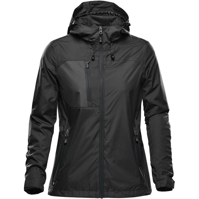 A women's rain jacket in black, featuring a hood and zippered pockets, with a logo on the front.