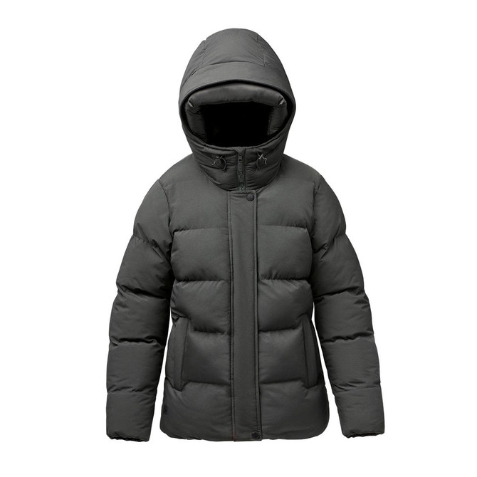 A women's thermal jacket in dark green with a hood, featuring a puffy design and front button closure.