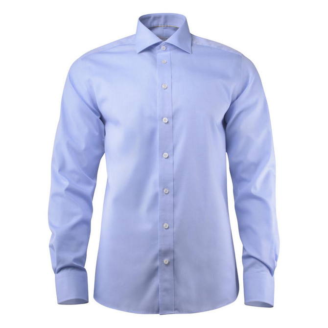 A light blue button-up shirt with a classic collar and long sleeves, featuring a logo.
