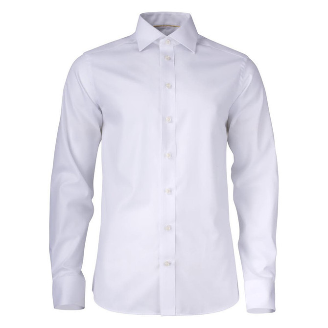A button-up shirt in white with long sleeves and a pointed collar, featuring a subtle logo.