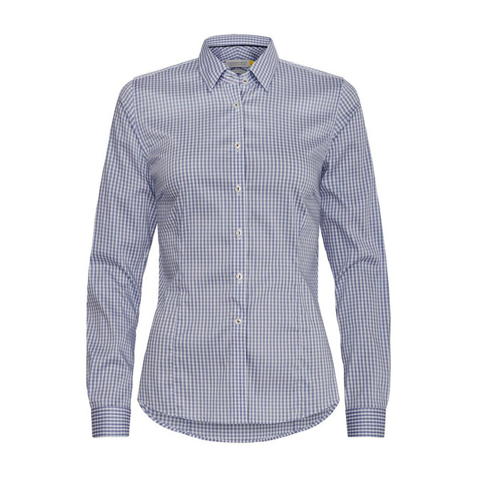 A blue and white checked button-up shirt for women with a collar and long sleeves, featuring a logo.
