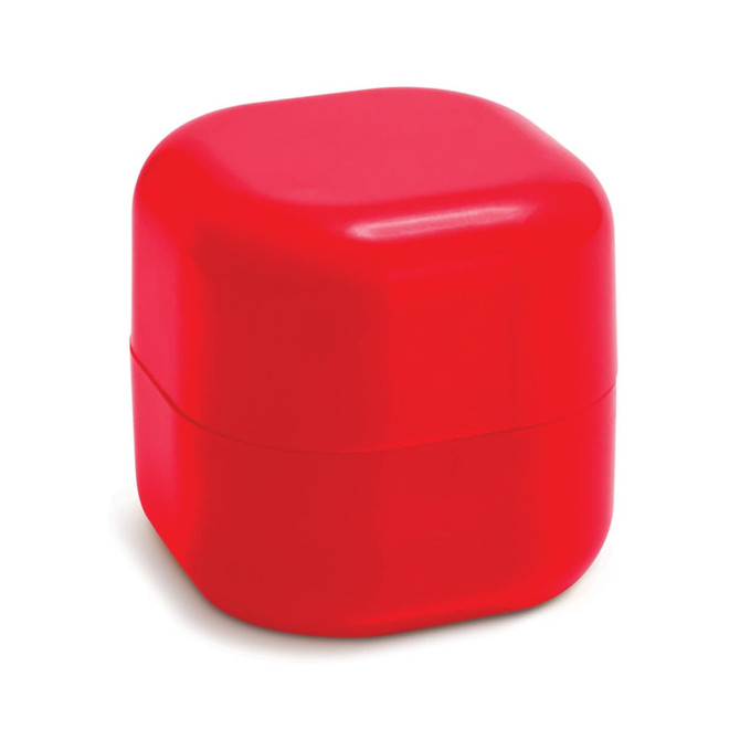 A red, square-shaped container with a glossy finish, featuring a lid that fits snugly on top.