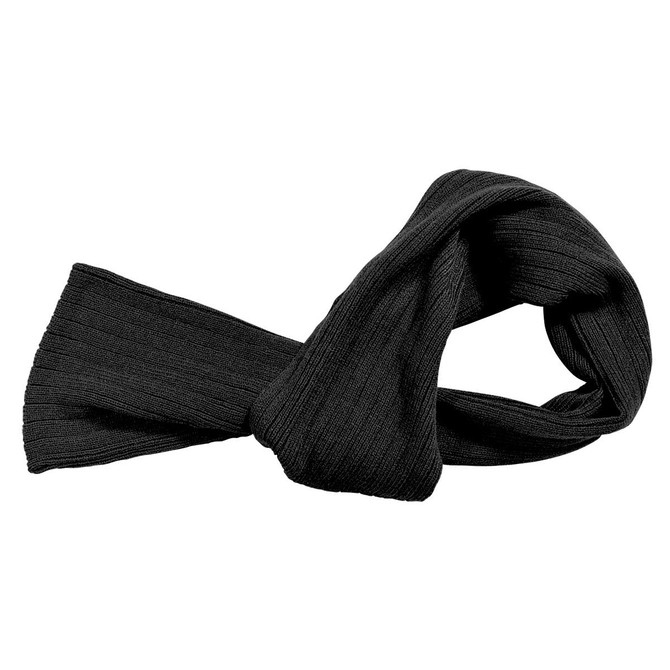 A black cable knit scarf with a textured pattern, featuring a simple design and lightweight fabric.