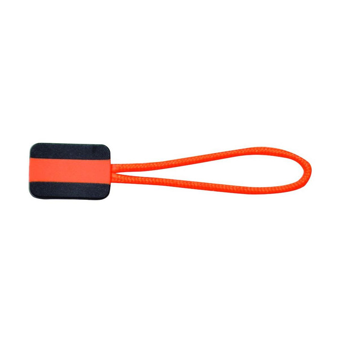 A black and orange zip puller with a looped strap, designed for clothing accessories.