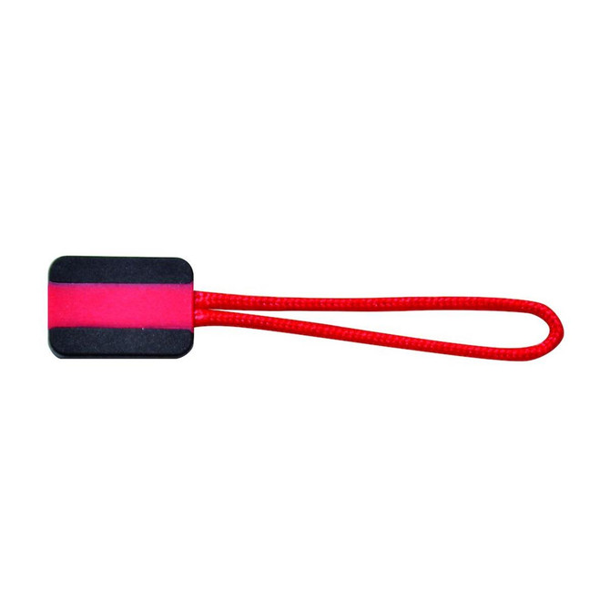A red and black Zip Puller with a looped cord and flat handle design, ideal for clothing accessories.
