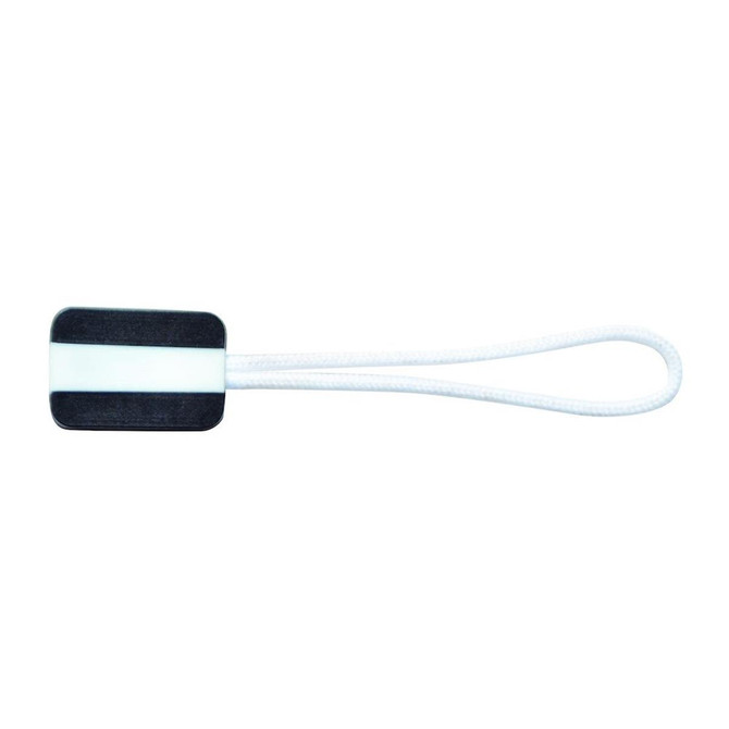 A black and white zip puller with a rectangular design and a white rope loop. It includes a logo.