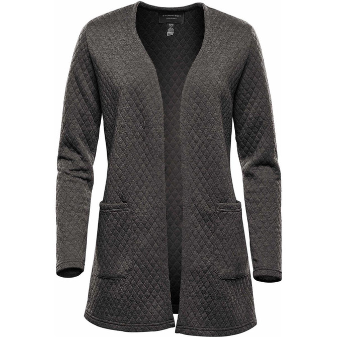A women's open cardigan in dark green with a quilted texture and two front pockets. Features a simple design and no fastenings.