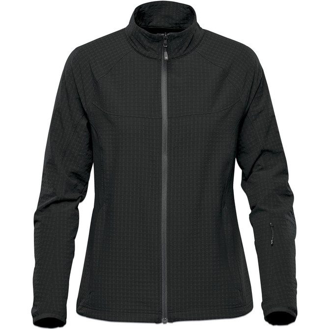 A women's jacket in dark grey with a zip front and a high collar, featuring a logo on the sleeve.