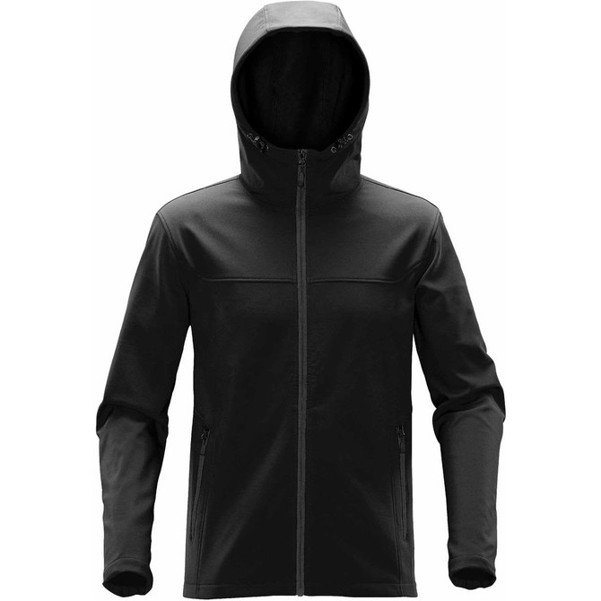 A black Men's Orbiter Softshell Hoody, featuring a hood and zippered pockets, with a logo on the front.