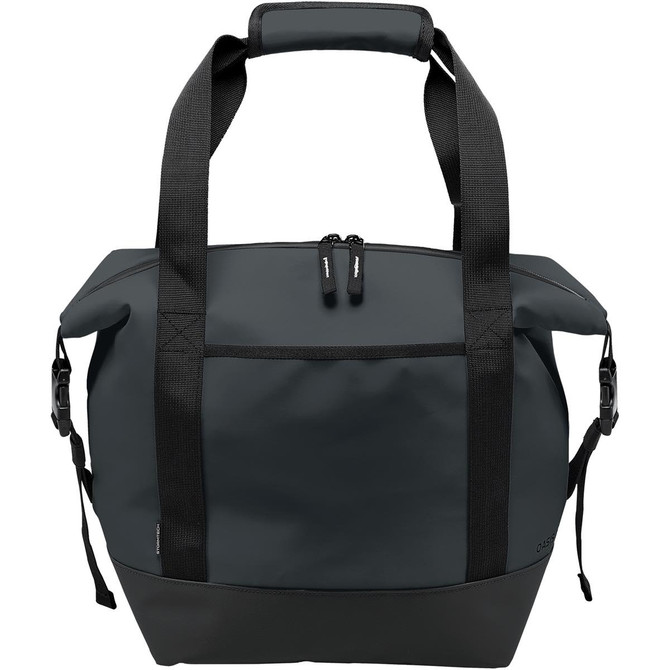 A dark green cooler bag with black handles and a zippered top, featuring a front pocket and a logo.