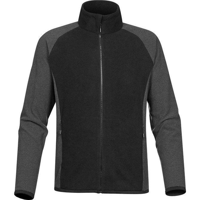 A black and grey men's microfleece jumper with a zip, featuring a collar and side pockets. It includes a logo.