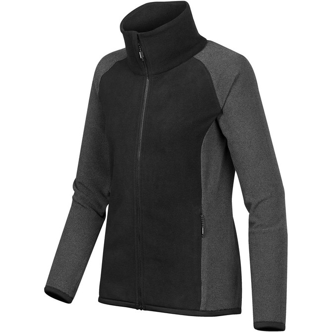 A black and grey women's microfleece jumper with a high collar and zip closure. It features a logo on it.
