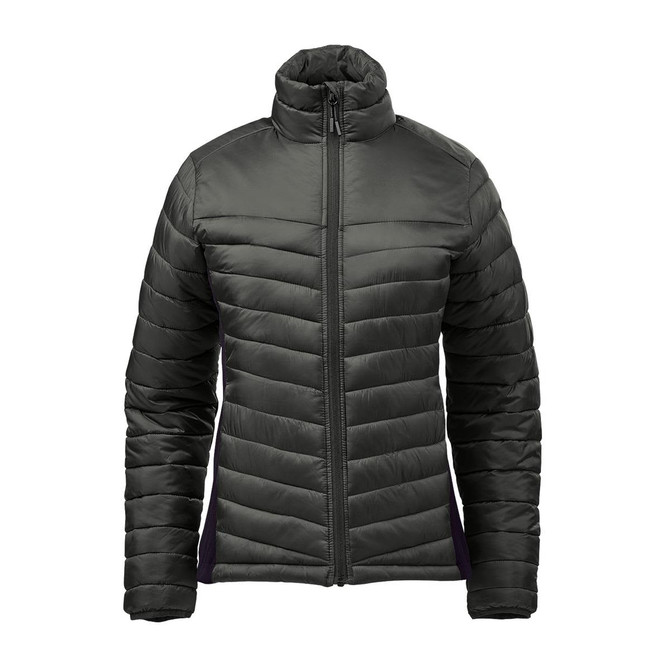 A women's thermal jacket in dark green with a zippered front and a fitted design, featuring a logo.