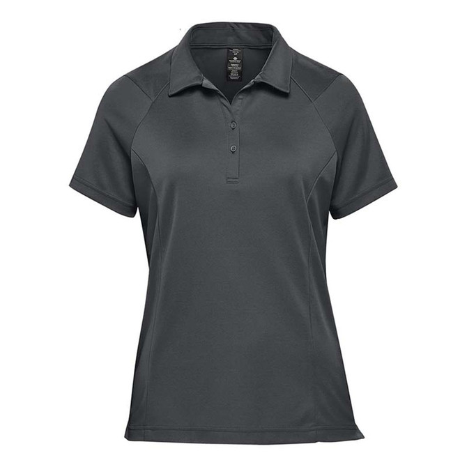A women's polo shirt in dark grey, featuring a stylish design and a logo on the chest.