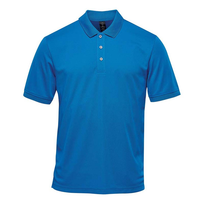 A blue men's polo shirt with a collar and three buttons, featuring a logo.