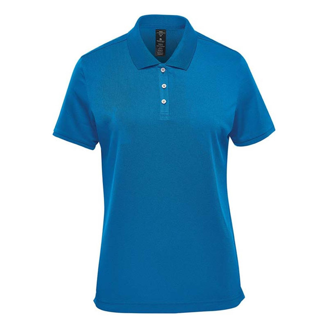 A vibrant blue women's polo shirt with a classic collar and three buttons, featuring a logo on the chest.