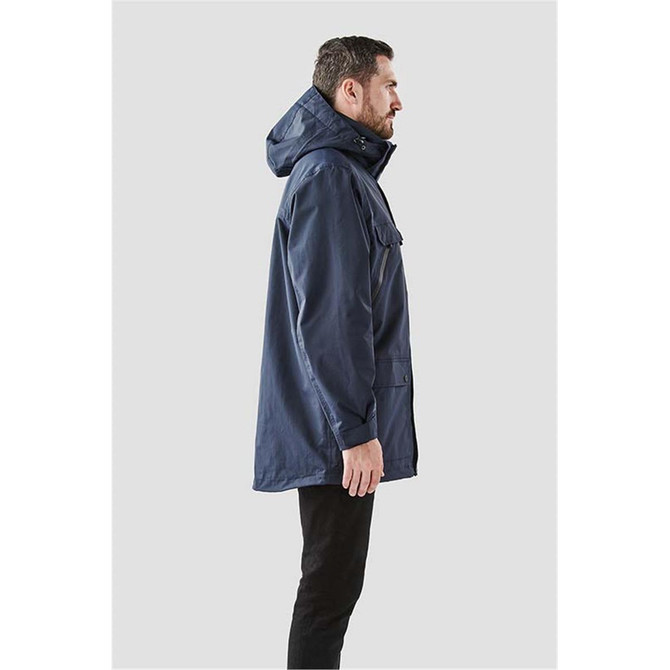 A men's navy jacket with a hood, featuring multiple pockets and a casual fit, displayed from the side.