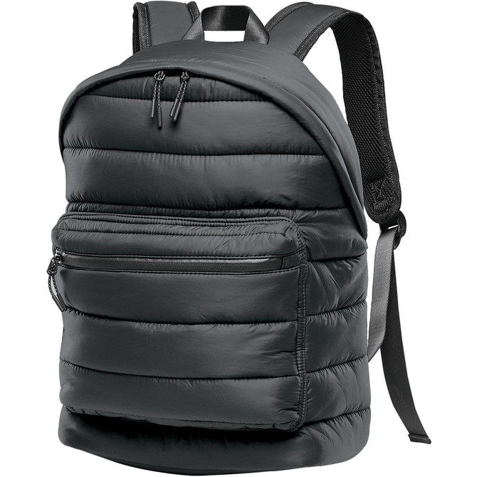 A quilted backpack in dark green with padded compartments and adjustable straps, featuring a front zip pocket and a logo.