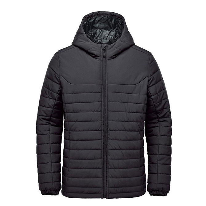A black quilted hoody with a zip front and adjustable hood, featuring a logo on the chest.