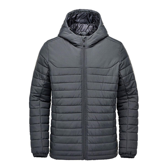 A grey quilted hoody with a zip front and hood, featuring elastic cuffs and a logo on the chest.