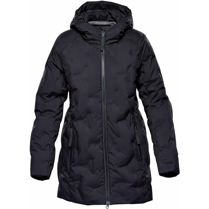 A black women's parka jacket featuring a hood, zip closure, and multiple pockets. It has a puffer design and a logo.