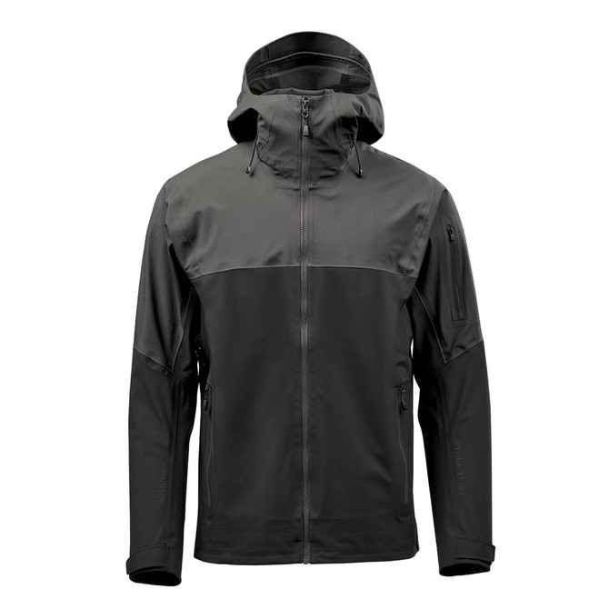 A men's rain jacket in dark green and black, featuring a hood and zippered pockets. Includes a logo on the design.