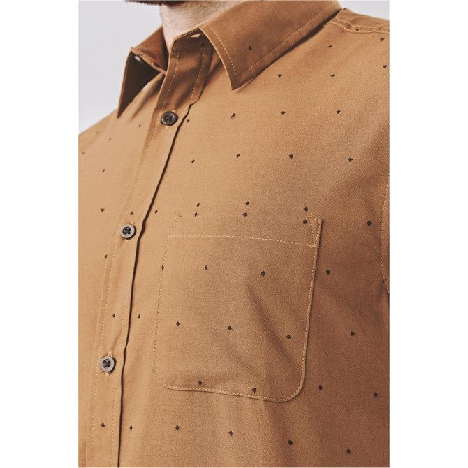 A brown button-up shirt with a pocket and small dot patterns, featuring a logo on the chest area.