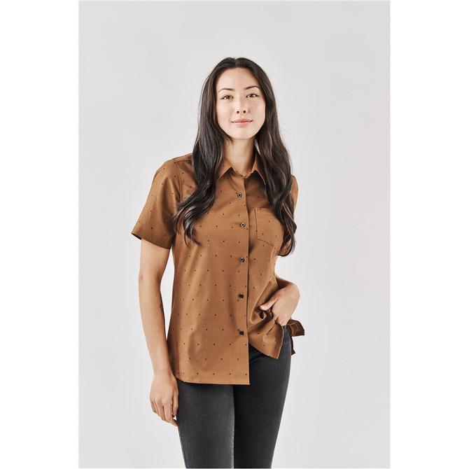 A brown button-up shirt with a textured design, featuring a collar and short sleeves, displayed on a model.